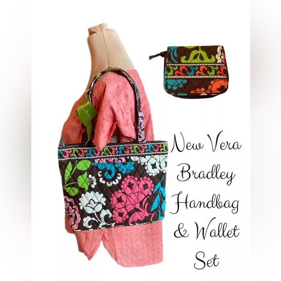 New VERA BRADLEY Set Petite Tote Handbag Lola Print Zip Across Wallet - Picture 1 of 8